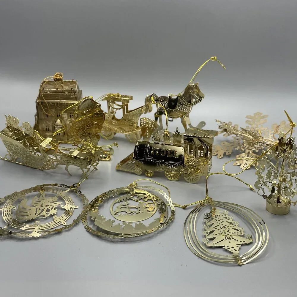 11 Gold Metal Filigree Christmas Ornaments Santa Sleigh Train Tree Snowflake
